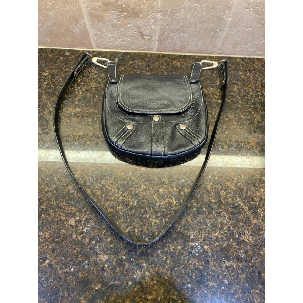Vintage Longchamp Pebbled Black Leather with Silver Hardware Crossbody GUC